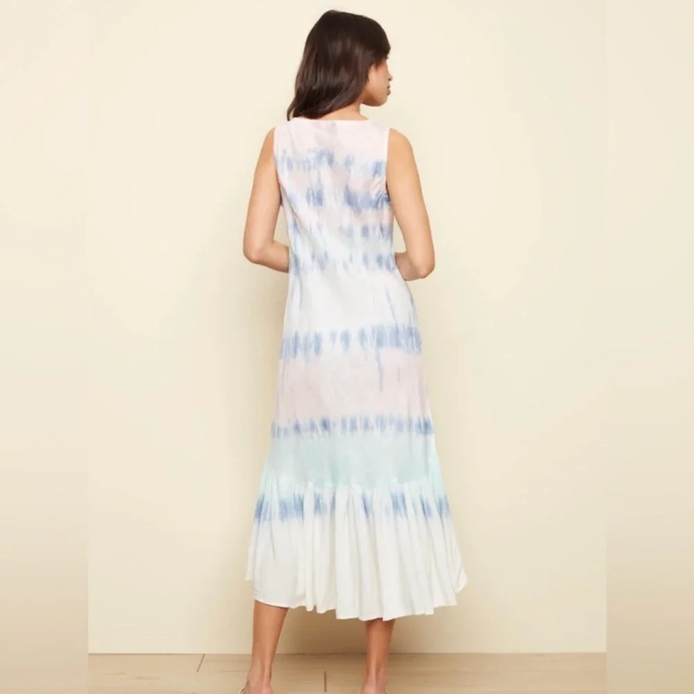 Charlie B Linen Ruffle Hi Low Hem Dress M Tie Dyed Pastel Pink Blue‎ Slee…